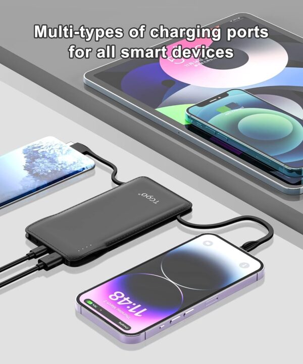 TG90° Portable Charger with Cords 10000mAh Power Bank with Built in Cables Batte... - Image 4